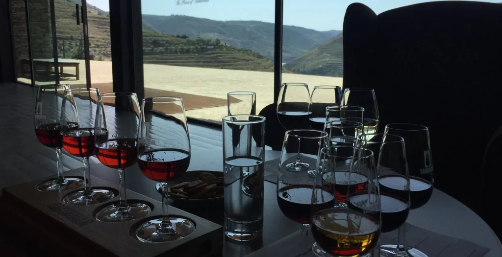 Dégustation de vins de Porto en terrasse avec vue sur les vignobles du Douro à la Quinta do Seixo de Sandeman